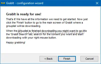 GrabIt configuration wizard, lijst met nieuwsgroepen downloaden