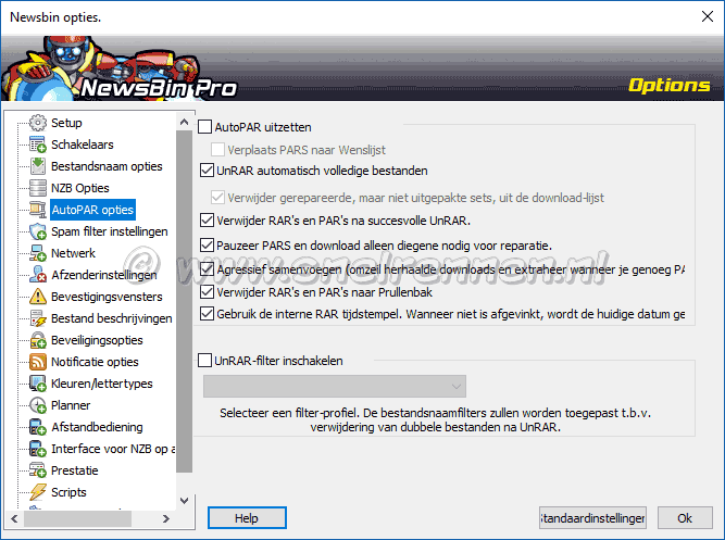 NewsBin Pro,  AutoPAR opties