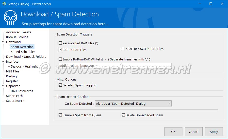 NewsLeecher Settings. Download / Spam detection