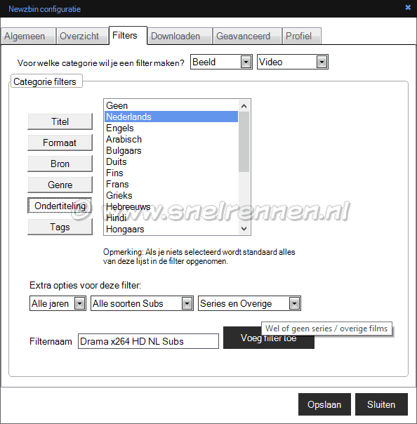 Newzbin configuratie, filters, tabblad Ondertiteling