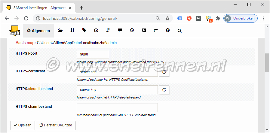 SABnzbd configurate, tabblad algemeen - HTTPS