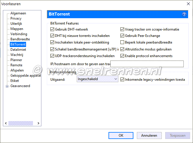 Instellen uTorrent, tabblad BitTorrent