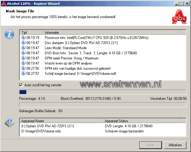 Alcohol 120% kopieer wizard, maak image file