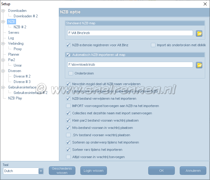 Configuratie Alt.Binz, tabblad NZB