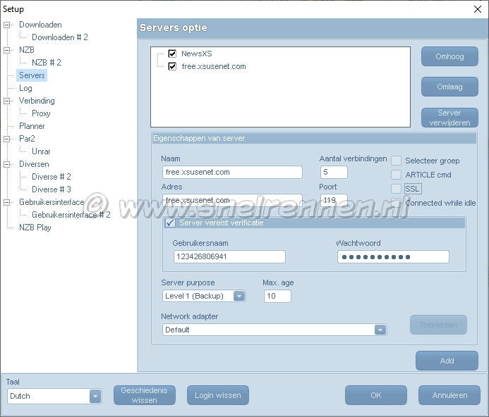 Configuratie Alt.Binz, tabblad nieuwsserver options