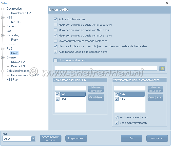 Configuratie alt.Binz, tabblad unrar