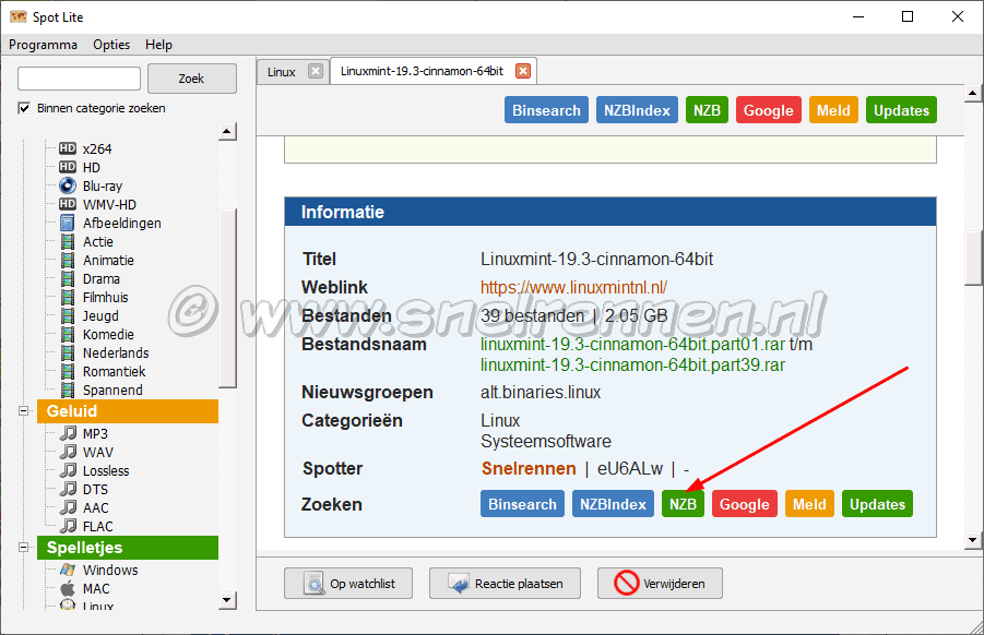 Met SpotLite NZB bestanden zoeken