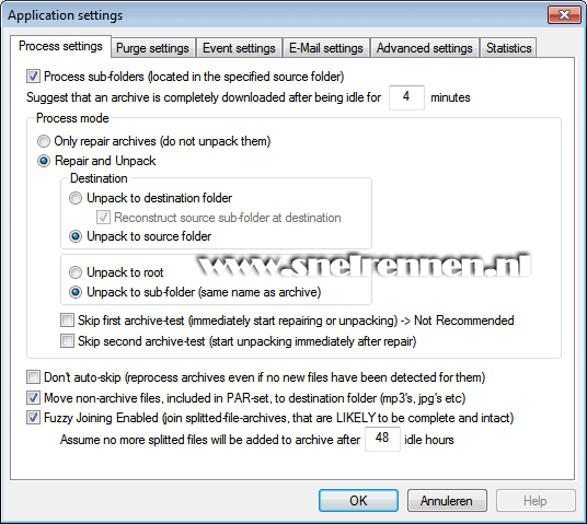 AutoUnpack, tabblad process settings