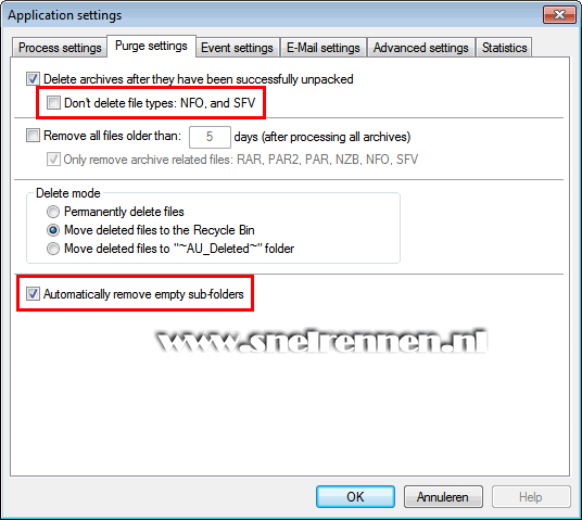 AutoUnpack, tabblad purge settings