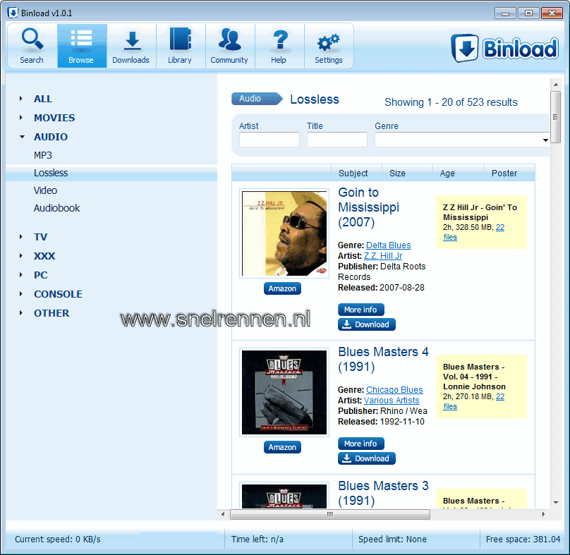 Binload, hoofdscherm