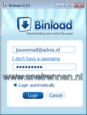 Binload, inlogscherm