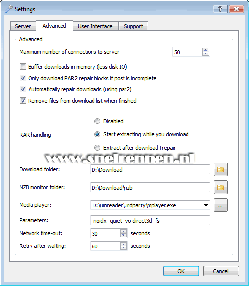 Binreader settings, tabblad advanced