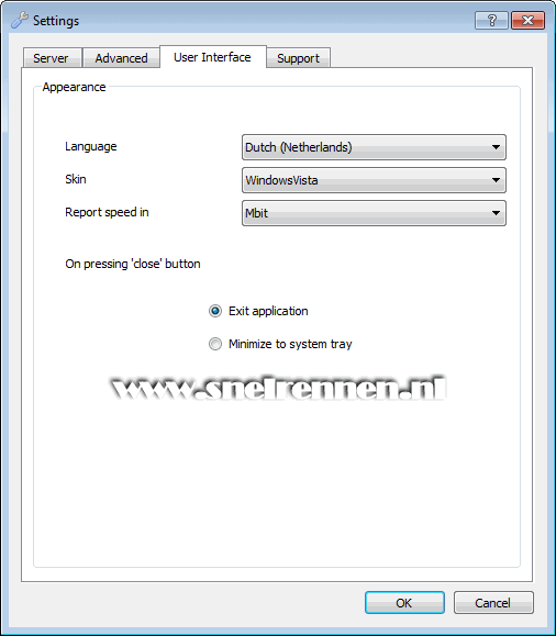 Binrader settings, tabblad user interface