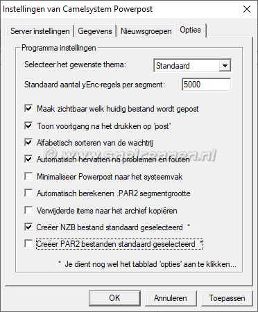 Camelsystem-Powerpost, tabblad opties