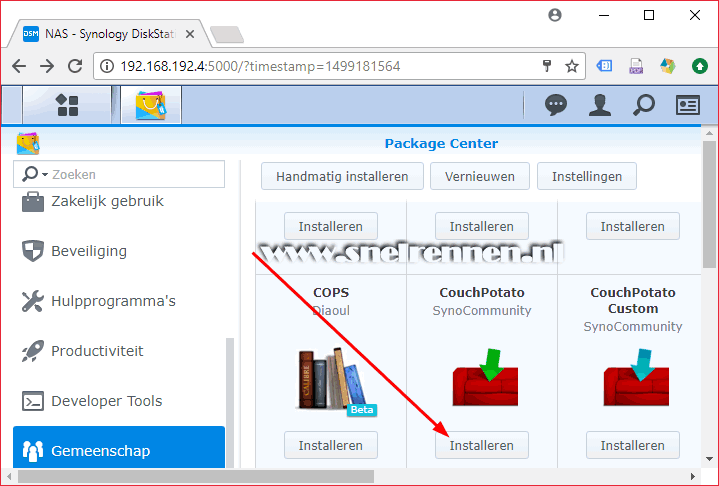 CouchPotato van uit het package center instaleren
