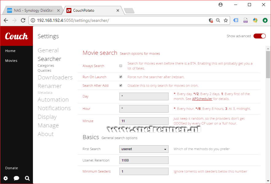 CouchPotato settings, tabblad Searcher