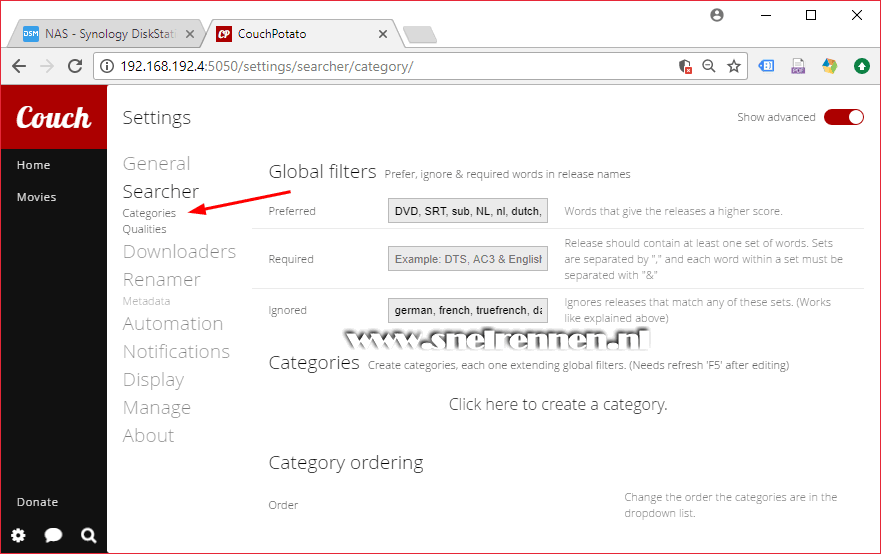 CouchPotatie configuratie, categories