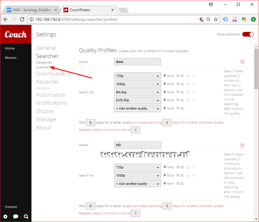 CouchPotatie configuratie, qualities