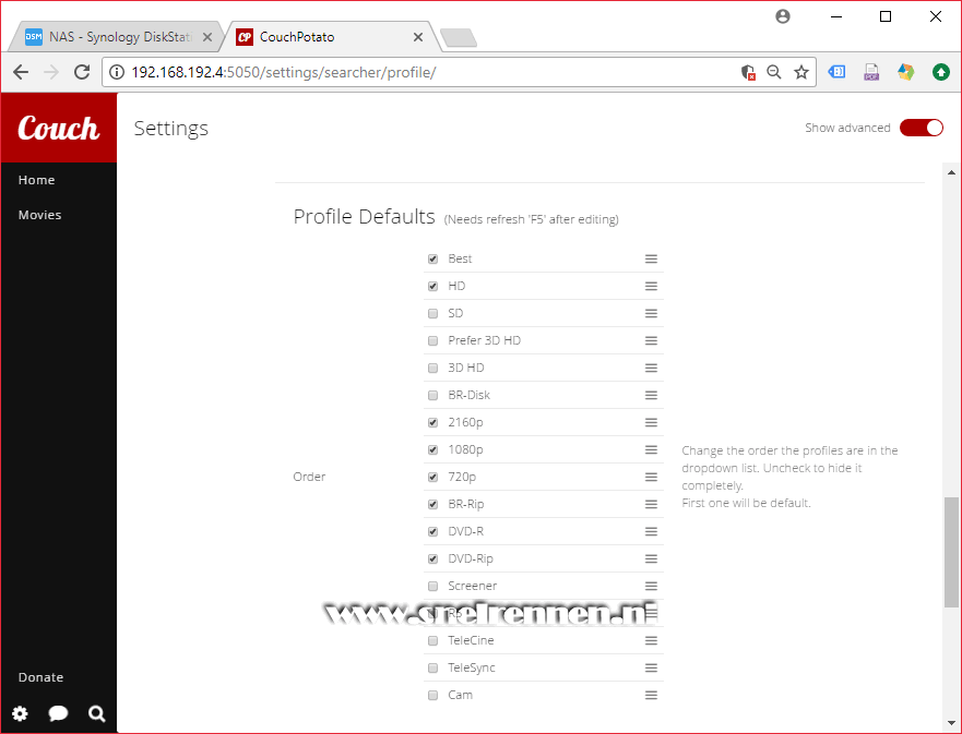 CouchPotatie configuratie, qualities - profile defaults