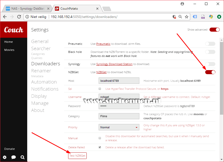 CouchPotato configureren, downloaders