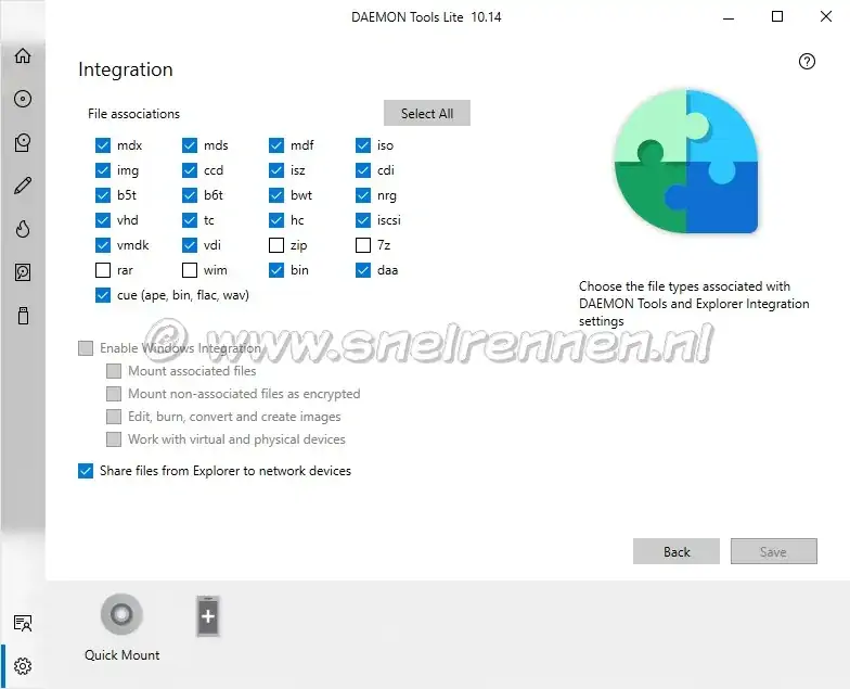 Daemon Tools Lite, voorkeuren. Tabblad  intgration