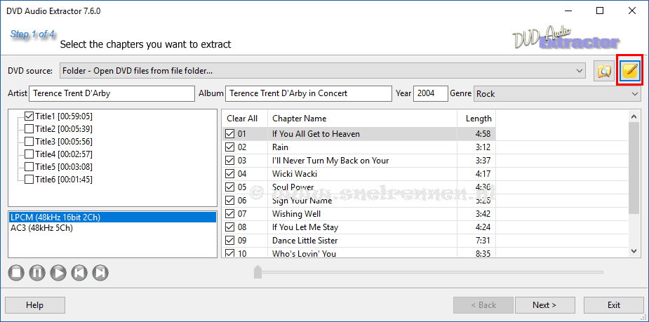 dvd audio extractor, chapters selecteren