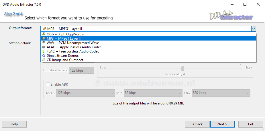 dvd audio extractor, uitvoer formaat selecteren