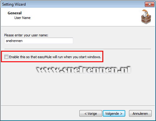 easuMule's settings wizard, tabblad user name