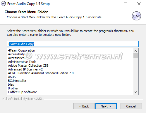 Exact Audio Copy, Start mnu folder