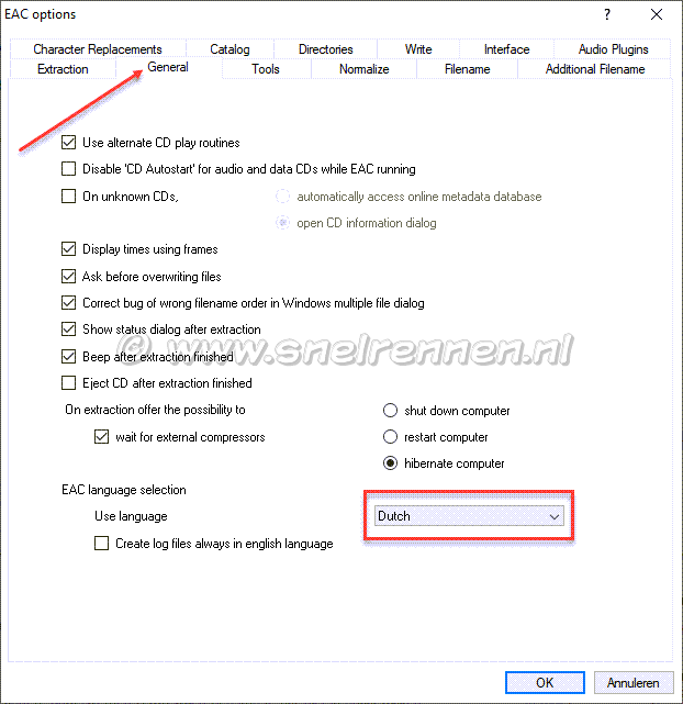 Exact Audio Copy, language selection