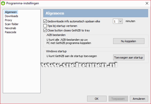 GetNZB programma instellingen, algemeen