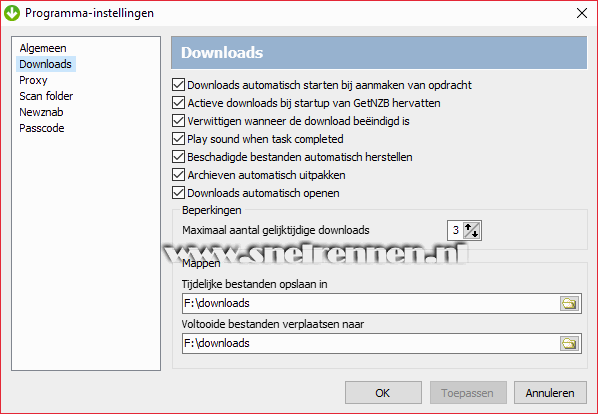 GetNZB programma instellingen, downloads