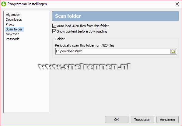 GetNZB programma instellingen, scan folder