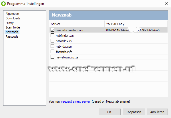 GetNZB, instellingen, tabbald Newznab
