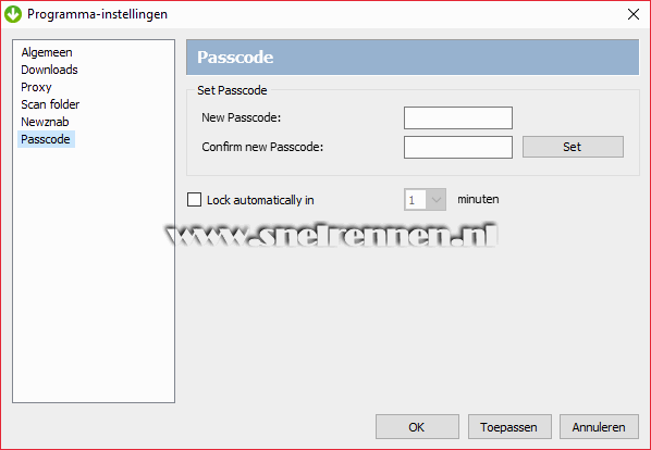 GetNZB instellingen, Passcode