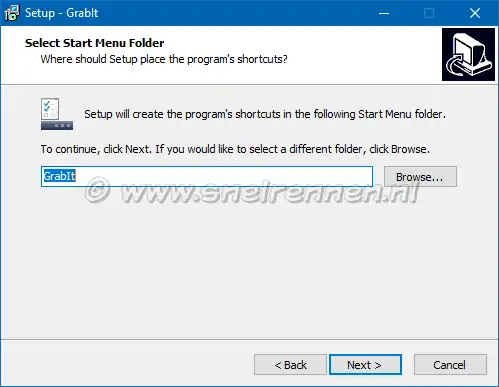 GrabIt setup, select start menu folder