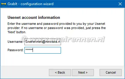 GrabIt configuration wizardt, usenet account information