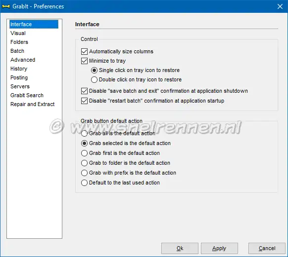 GrabIt preferences, tabblad interface