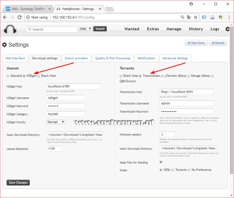 Headphones configureren, tabblad download settings