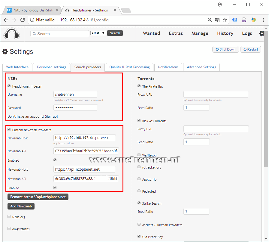 Headphones configureren, tabblad search providers