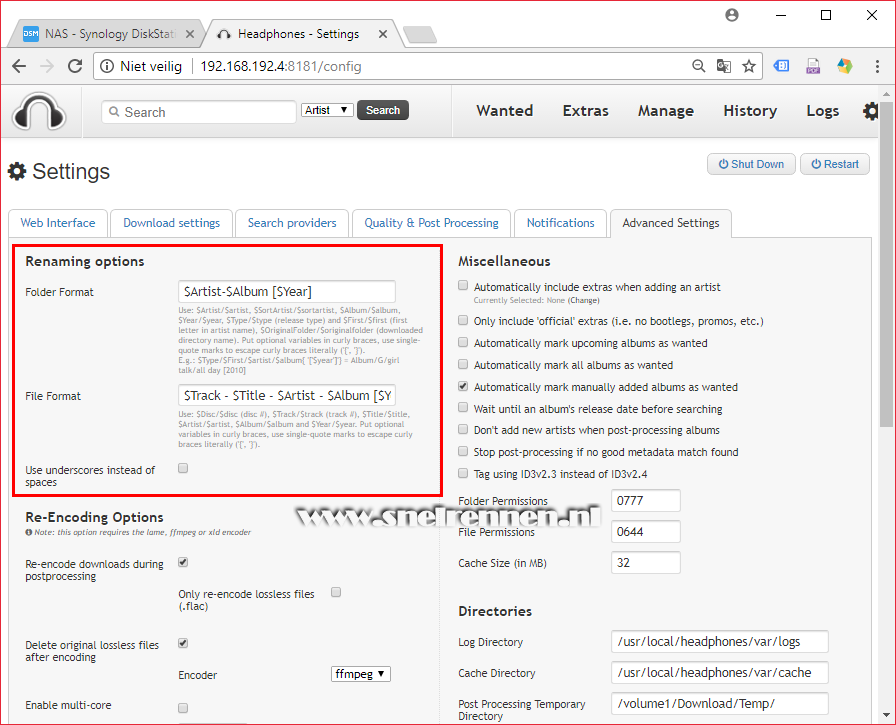 Headphones configureren, tabblad advanced settings