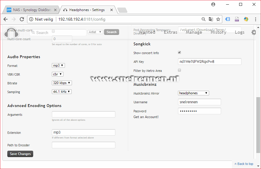 Headphones configureren, tabblad advanced settings2