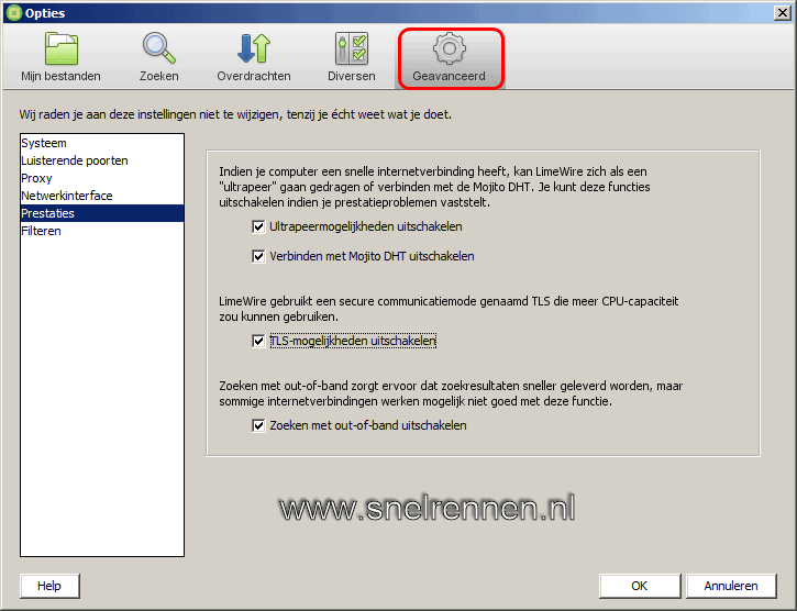 Limewire, tabblad geavanceerd - prestaties