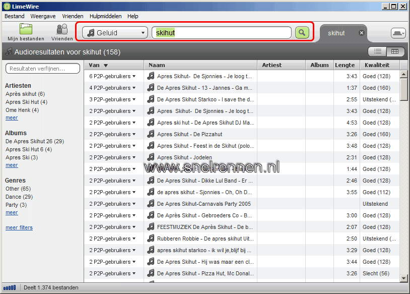 Limewire, zoeken