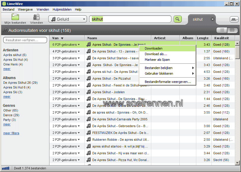 Limewire, download selecteren