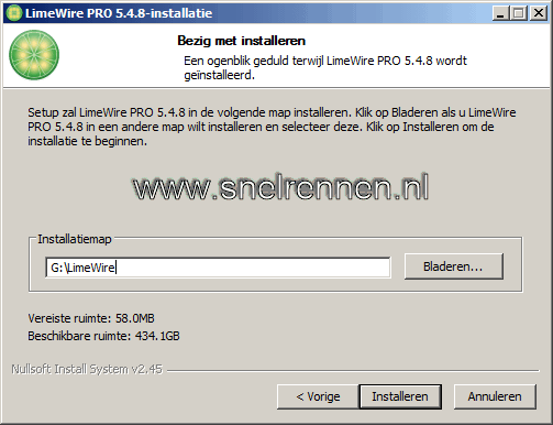 Limewire, installatie map opgeven
