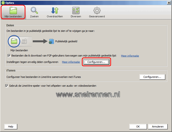 Limewire configureren, tabblad mijn bestanden