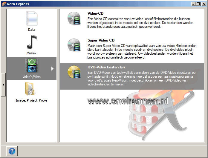 Nero Express, dvd video bestanden selecteren