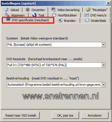Opstart instellingen, tabblad dvd specificatie