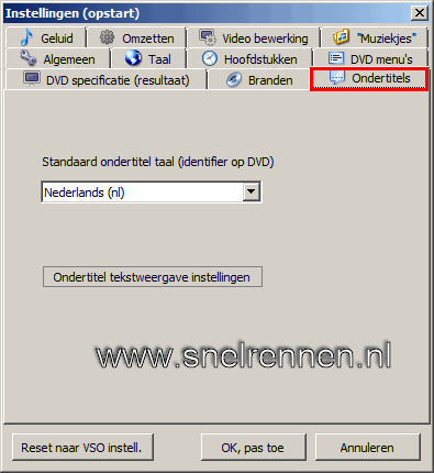opstart instellingen, tabblad ondertitels